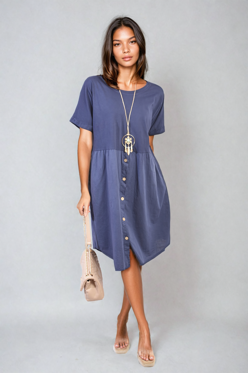 AILEEN Short Sleeve Button Front Midi Dress