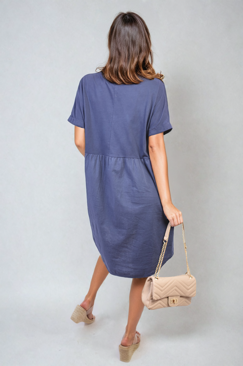 AILEEN Short Sleeve Button Front Midi Dress