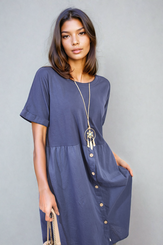 AILEEN Short Sleeve Button Front Midi Dress