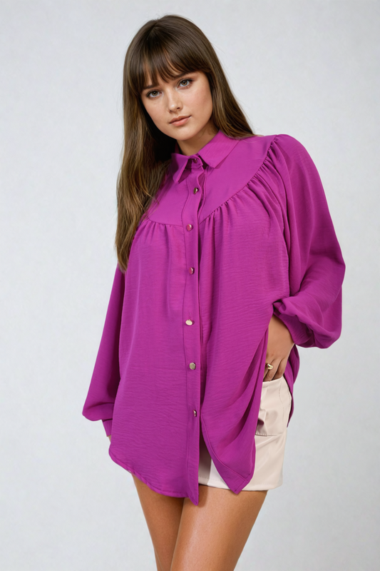 AIZA High Neckline Button Front Balloon Sleeve Top