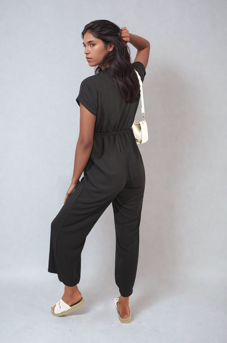 ALESSANDRA Belted V Neck Jumpsuit with Side Pockets