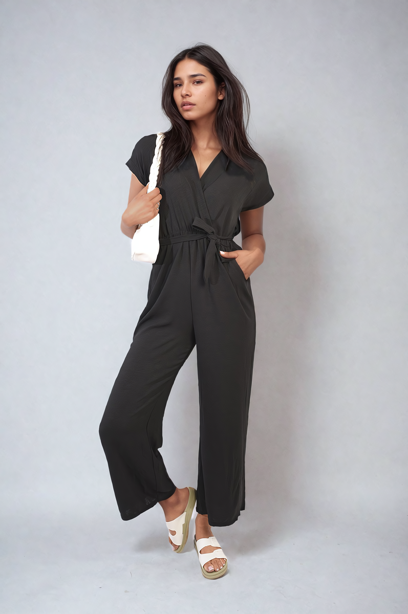 ALESSANDRA Belted V Neck Jumpsuit with Side Pockets