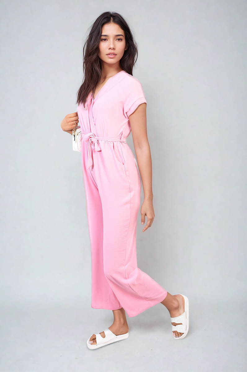 ALESSANDRA Belted V Neck Jumpsuit with Side Pockets