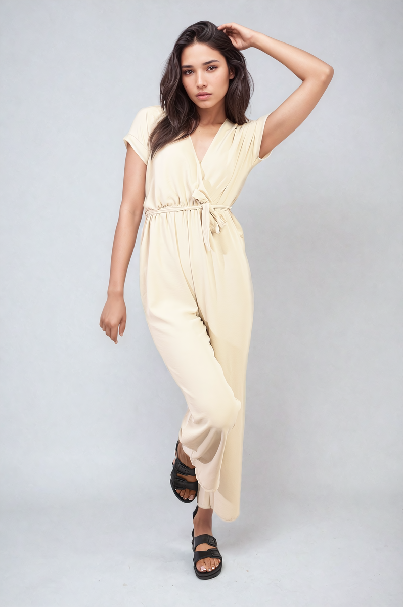 ALESSANDRA Belted V Neck Jumpsuit with Side Pockets