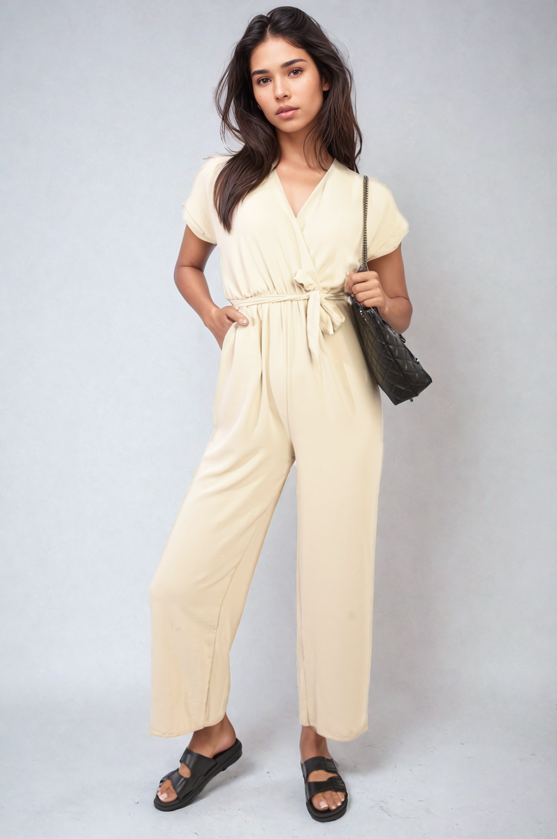 ALESSANDRA Belted V Neck Jumpsuit with Side Pockets