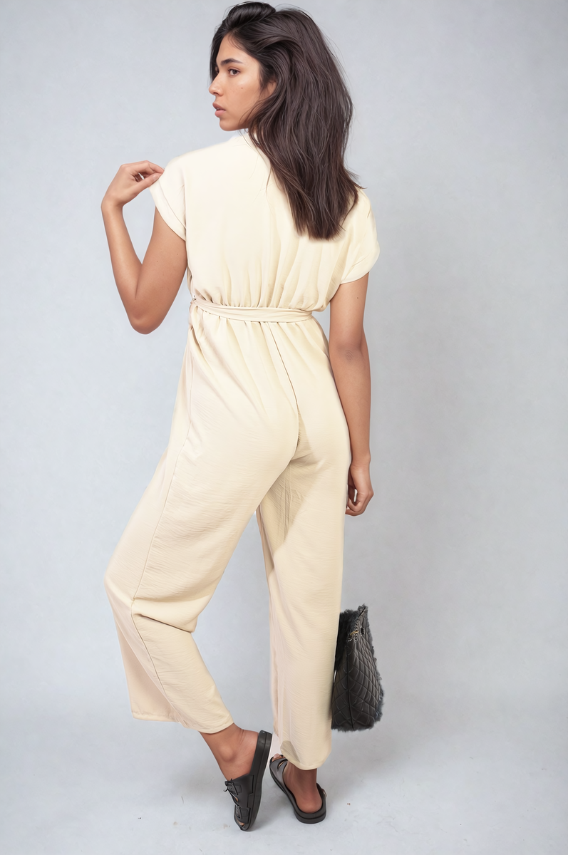 ALESSANDRA Belted V Neck Jumpsuit with Side Pockets