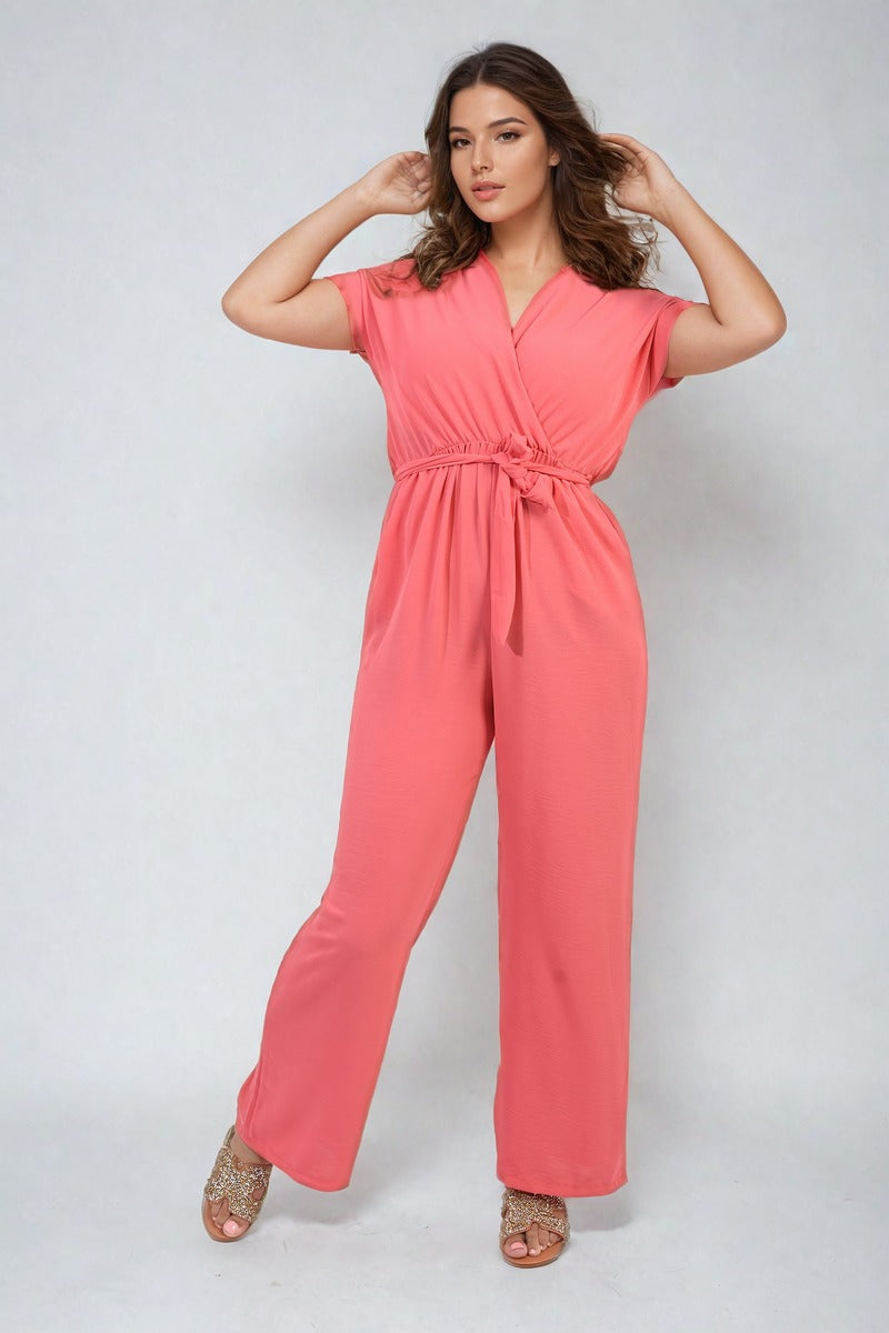 ALESSANDRA Belted V Neck Jumpsuit with Side Pockets