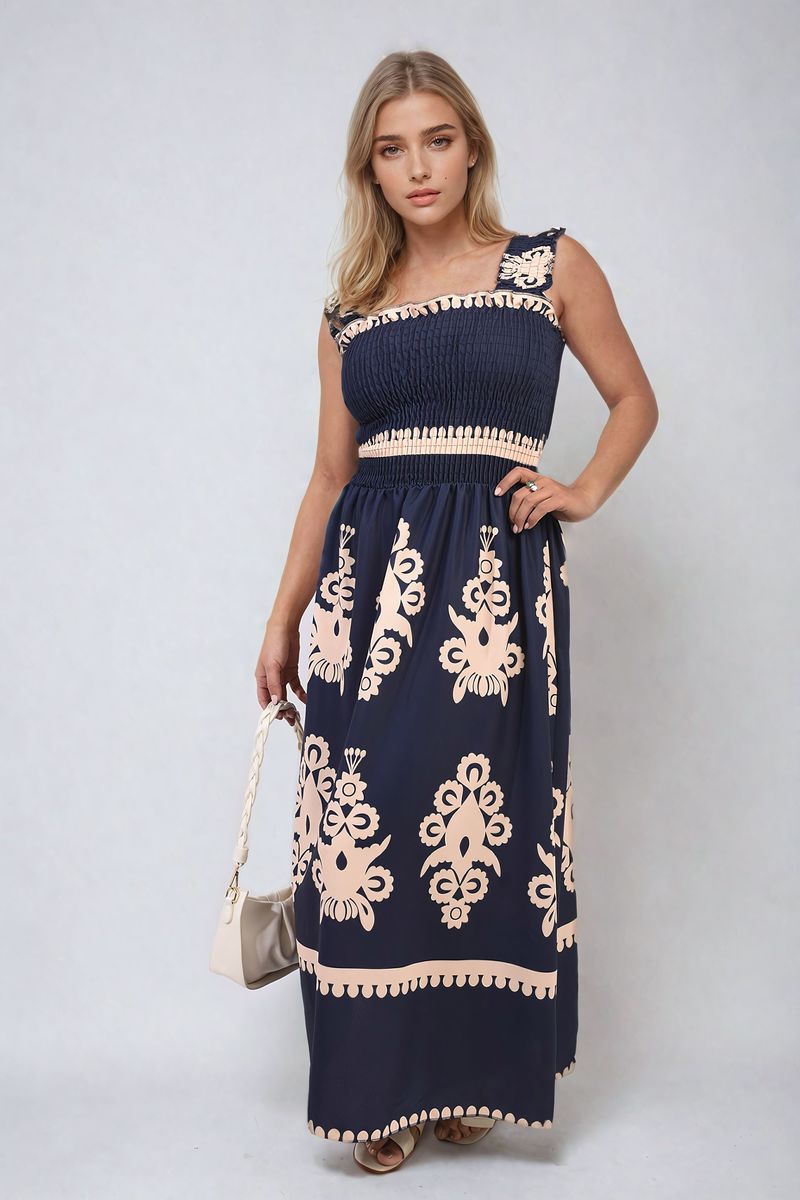 ALIAH Smocked Sleeveless Flowy Tribal Print Summer Maxi Dress