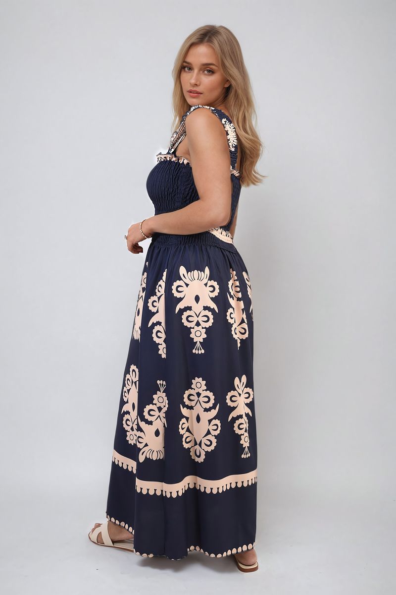 ALIAH Smocked Sleeveless Flowy Tribal Print Summer Maxi Dress