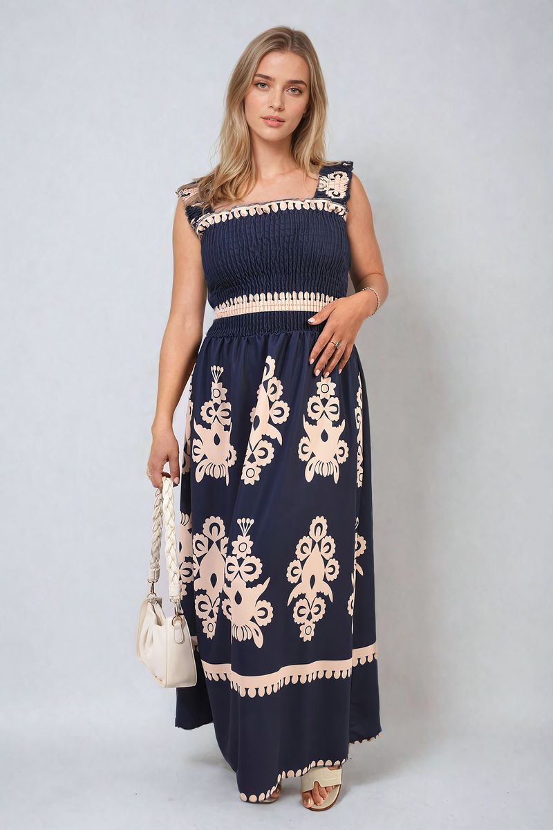 ALIAH Smocked Sleeveless Flowy Tribal Print Summer Maxi Dress