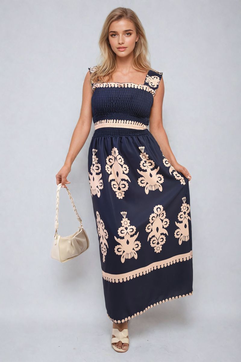 ALIAH Smocked Sleeveless Flowy Tribal Print Summer Maxi Dress