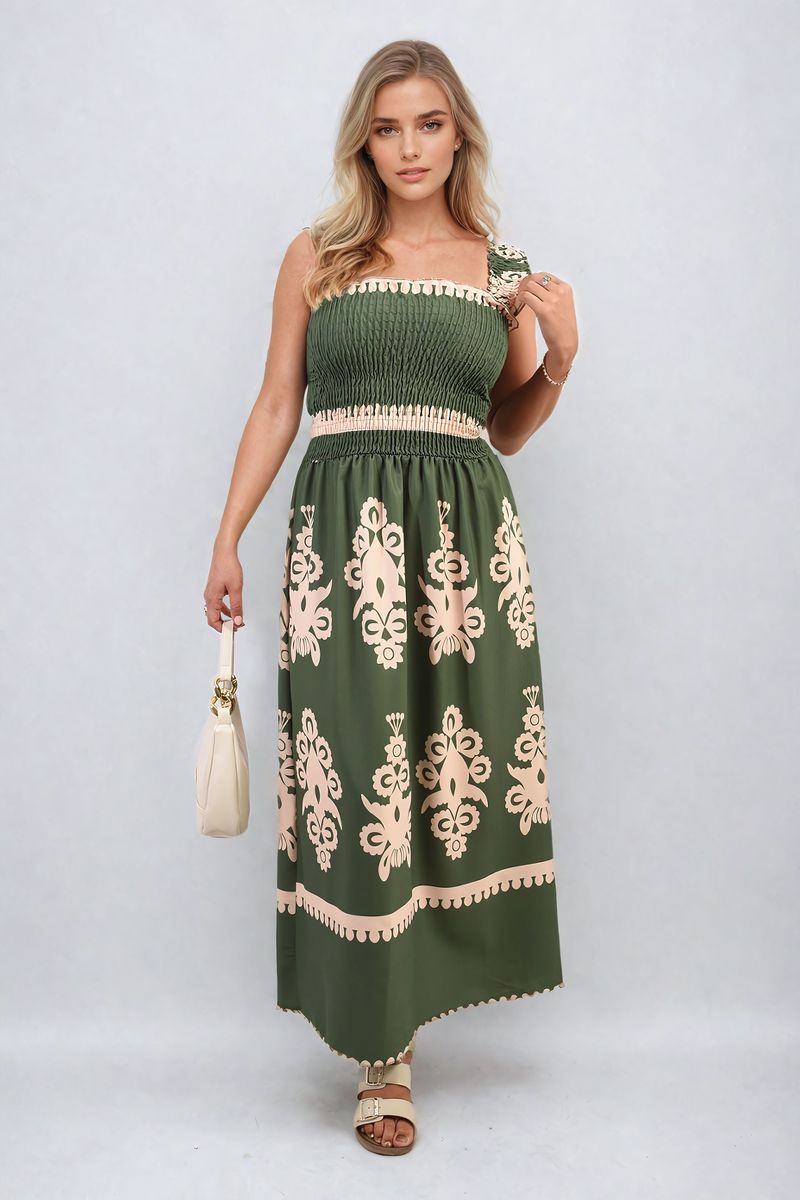 ALIAH Smocked Sleeveless Flowy Tribal Print Summer Maxi Dress