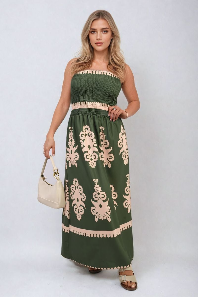 ALIAH Smocked Sleeveless Flowy Tribal Print Summer Maxi Dress