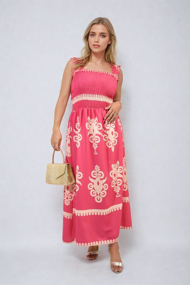 ALIAH Smocked Sleeveless Flowy Tribal Print Summer Maxi Dress