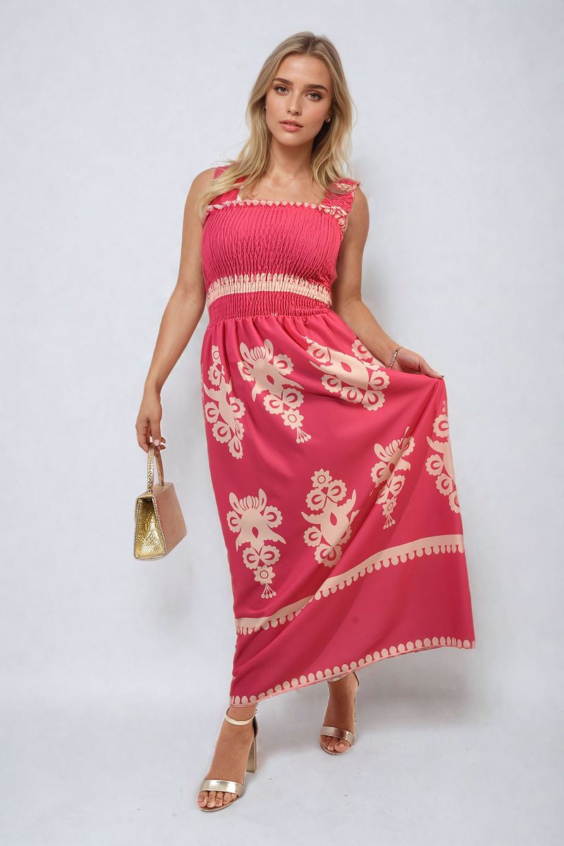 ALIAH Smocked Sleeveless Flowy Tribal Print Summer Maxi Dress