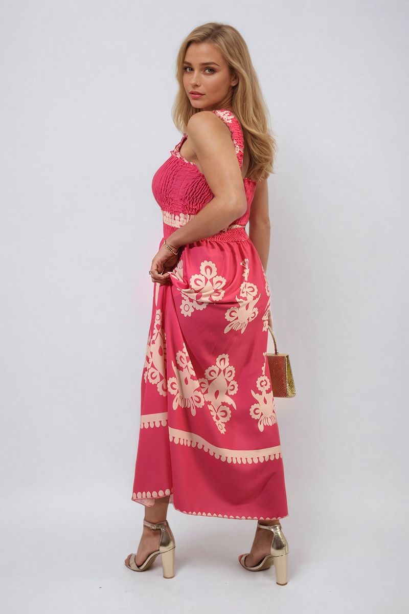 ALIAH Smocked Sleeveless Flowy Tribal Print Summer Maxi Dress