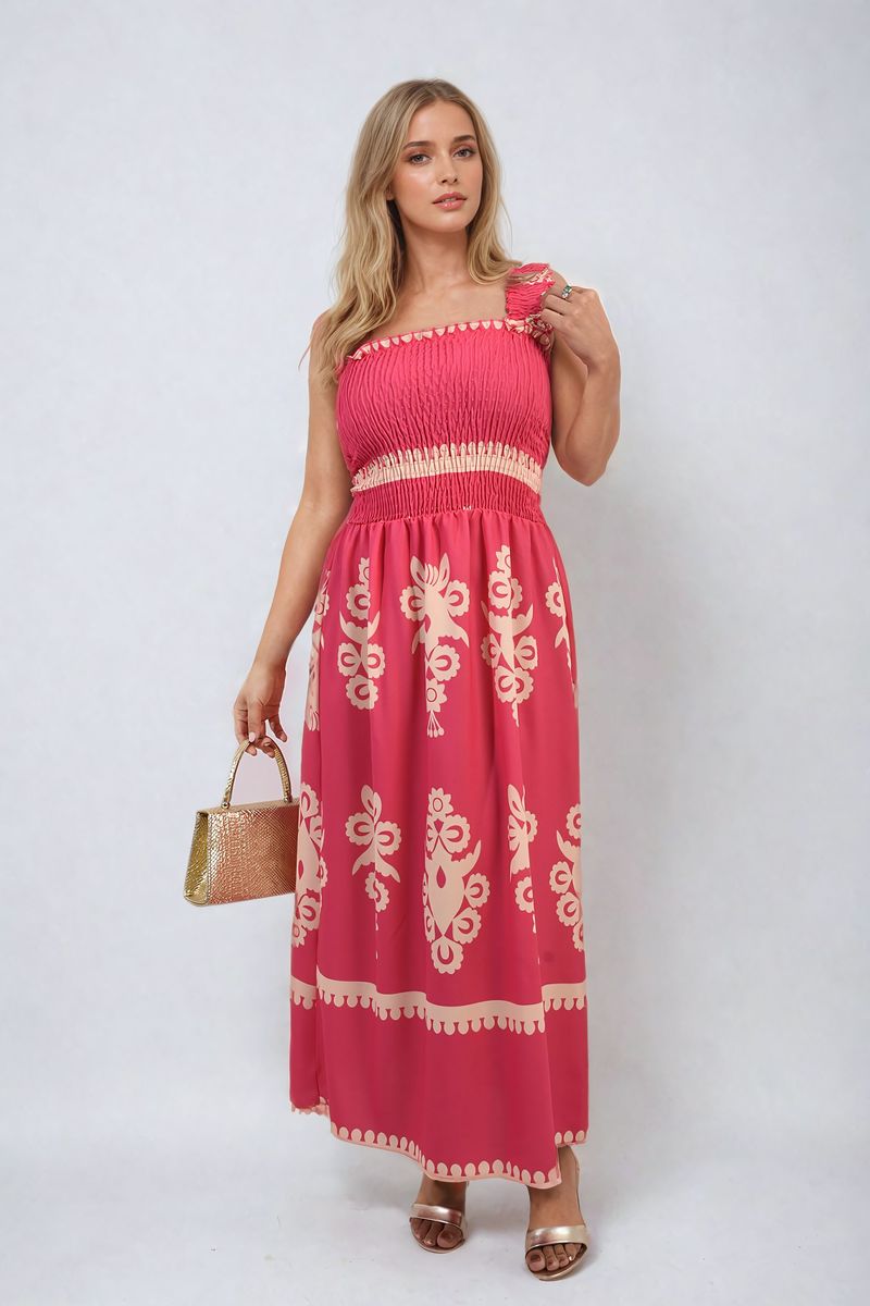 ALIAH Smocked Sleeveless Flowy Tribal Print Summer Maxi Dress