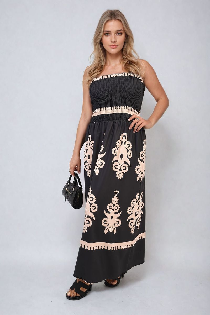 ALIAH Smocked Sleeveless Flowy Tribal Print Summer Maxi Dress