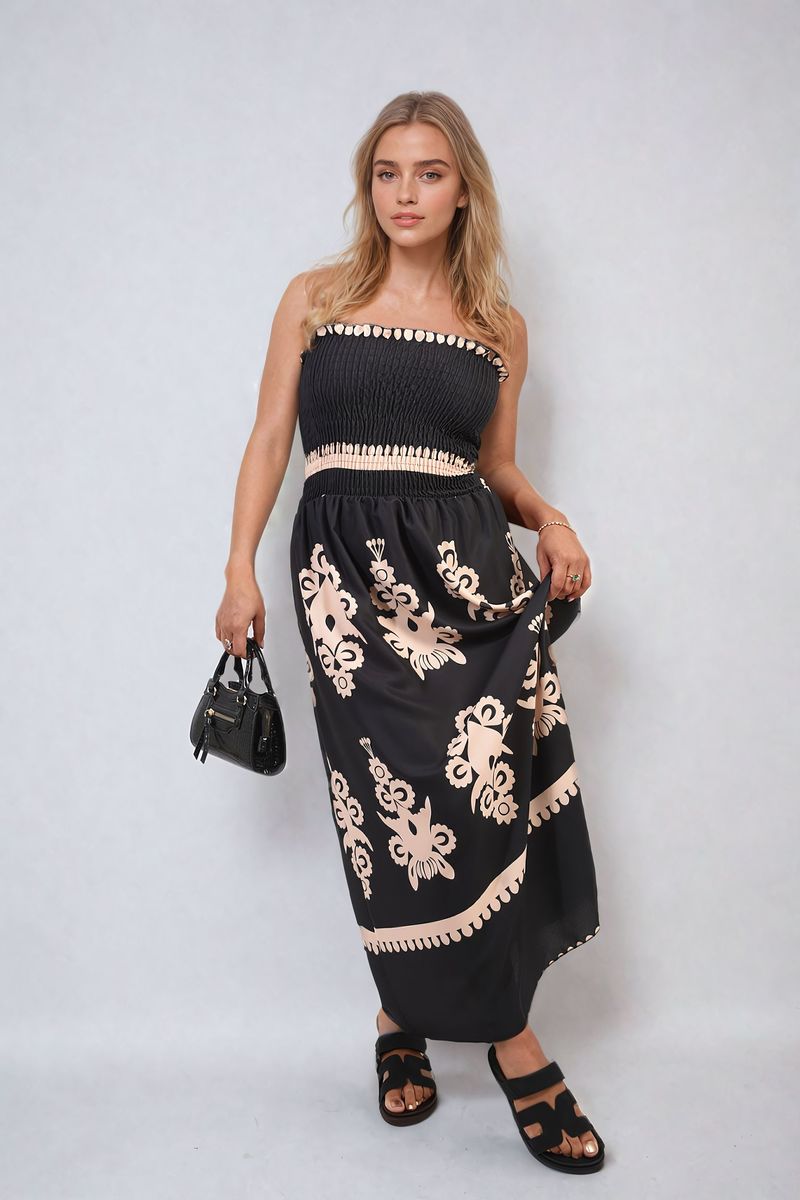 ALIAH Smocked Sleeveless Flowy Tribal Print Summer Maxi Dress