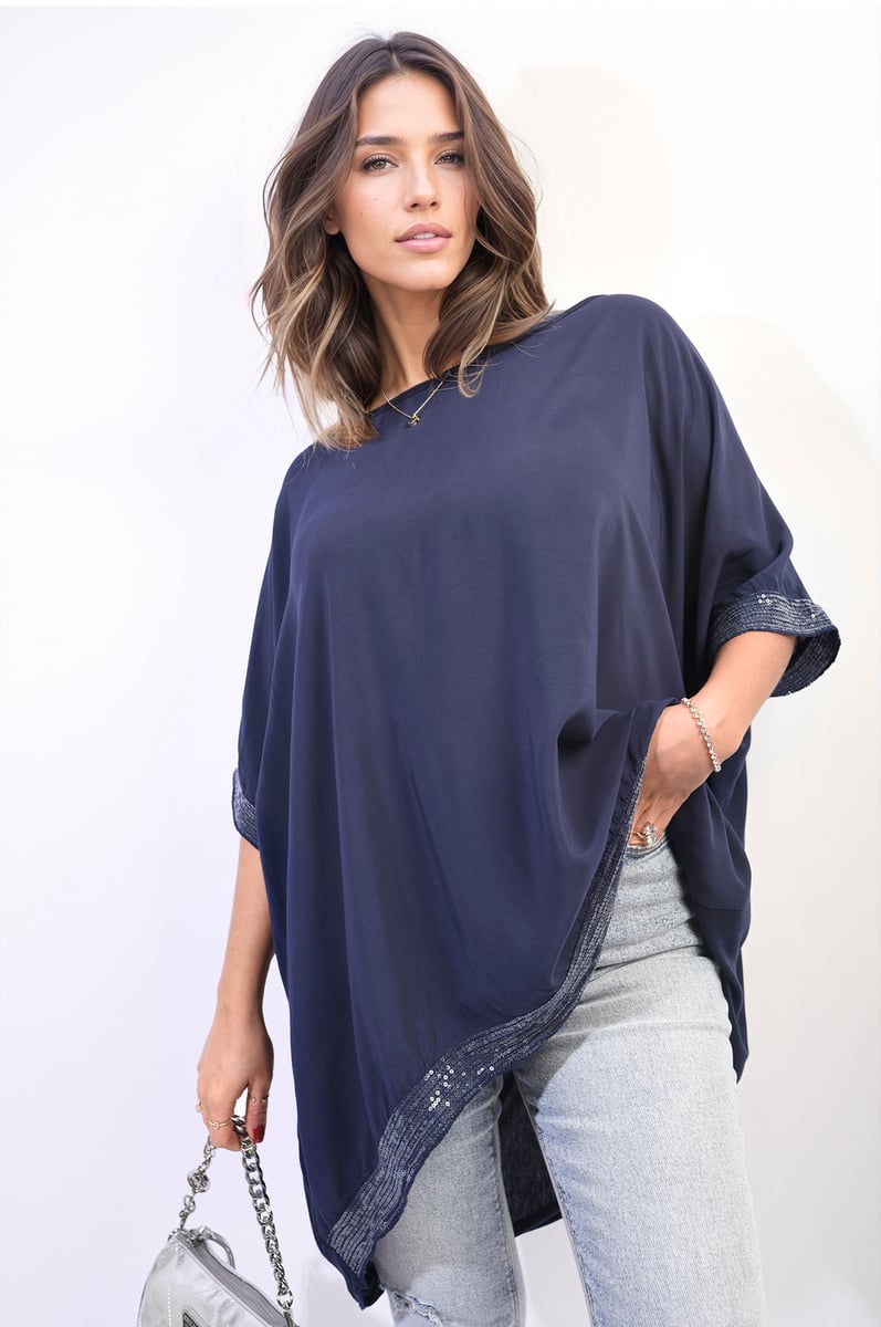 AMBER Oversized Sequin Hem Flare Sleeve Top