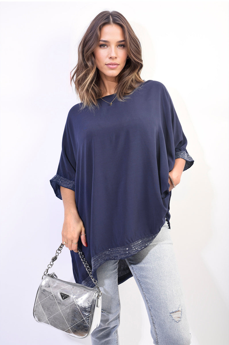 AMBER Oversized Sequin Hem Flare Sleeve Top