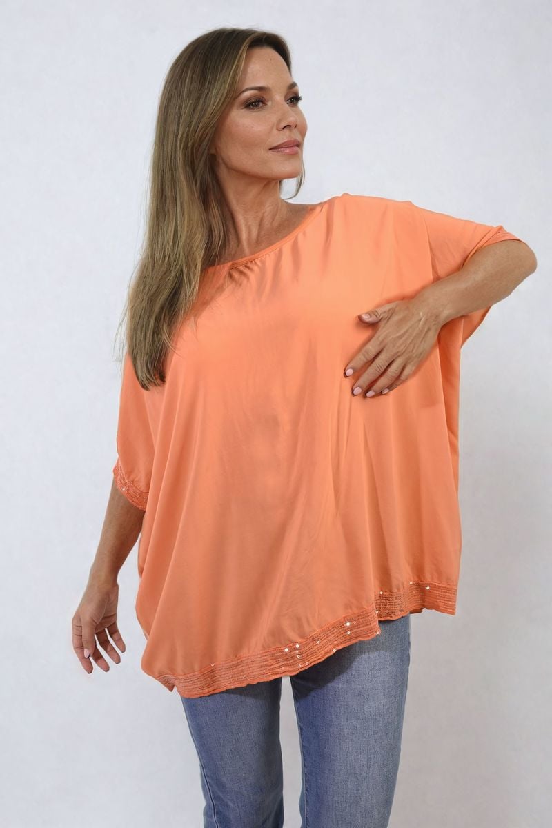 AMBER Oversized Sequin Hem Flare Sleeve Top