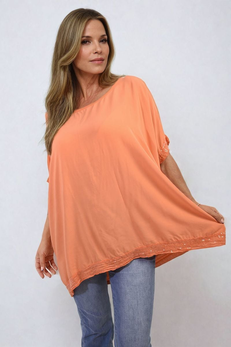 AMBER Oversized Sequin Hem Flare Sleeve Top