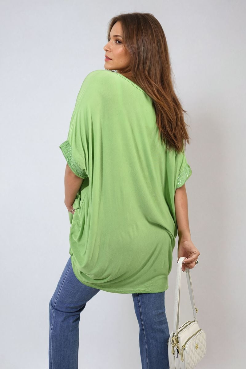 AMBER Oversized Sequin Hem Flare Sleeve Top