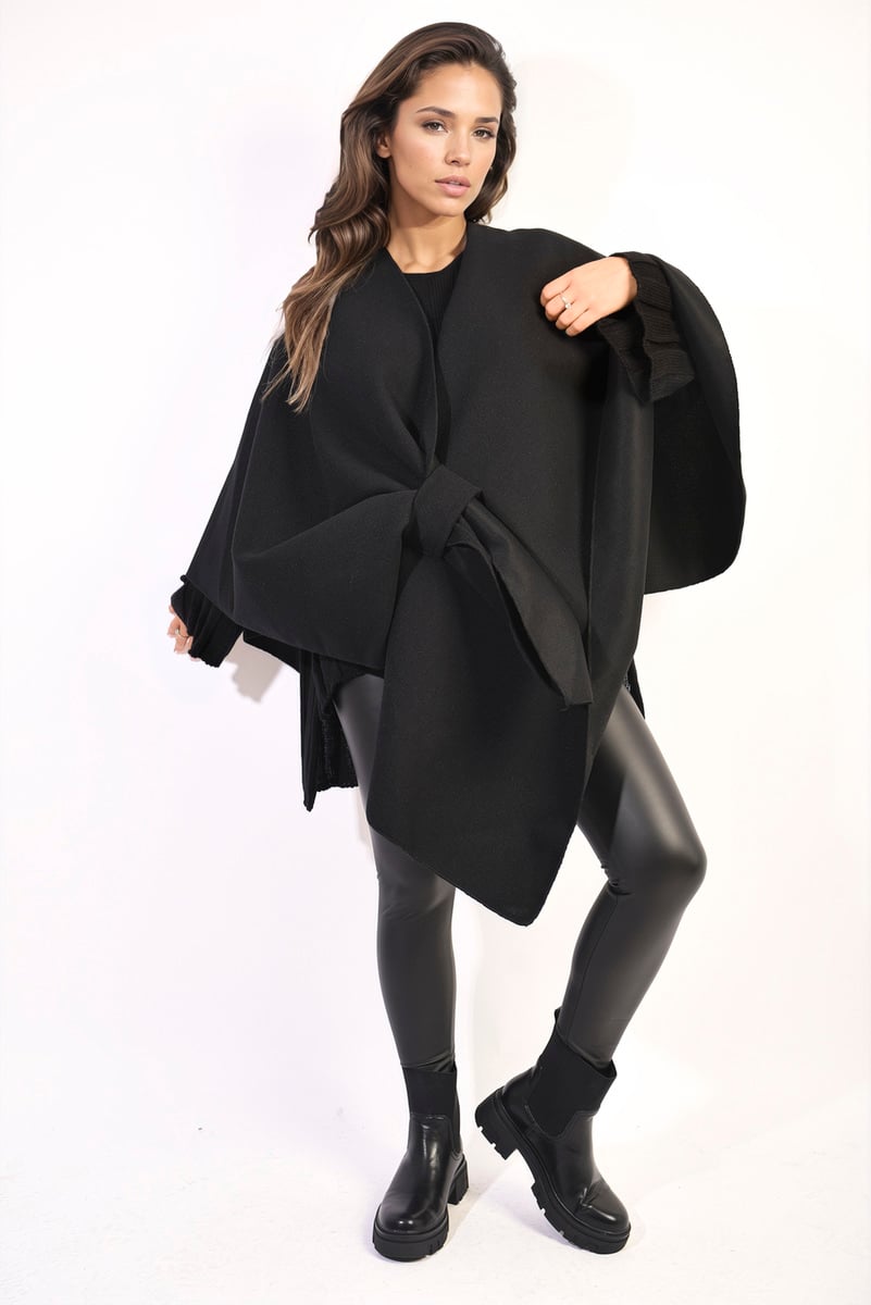 AMIRA Solid Batwing Sleeve Crossover Cape Coat