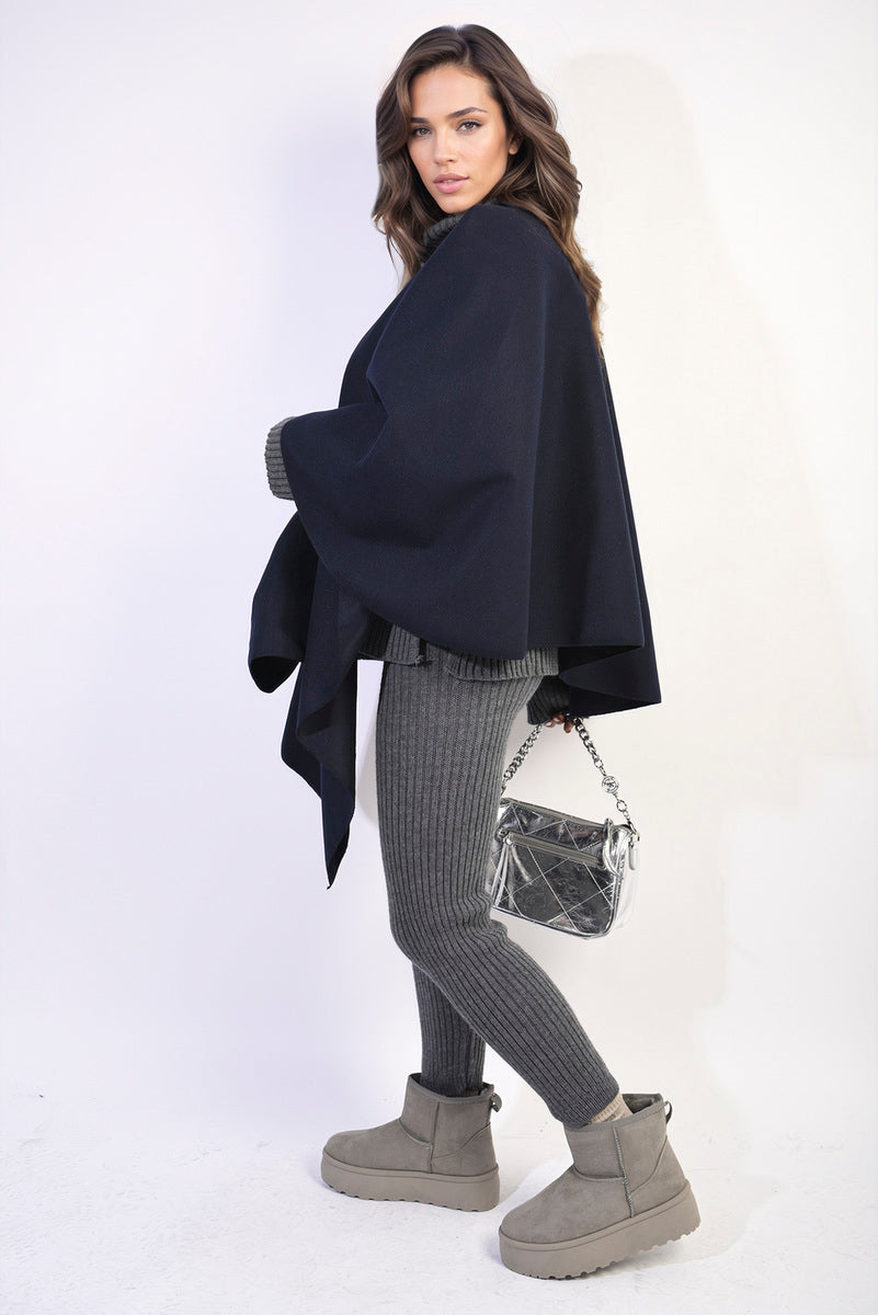 AMIRA Solid Batwing Sleeve Crossover Cape Coat