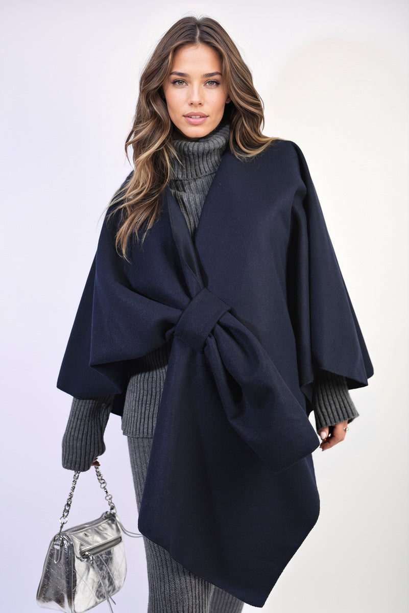 AMIRA Solid Batwing Sleeve Crossover Cape Coat