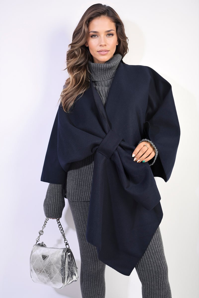 AMIRA Solid Batwing Sleeve Crossover Cape Coat