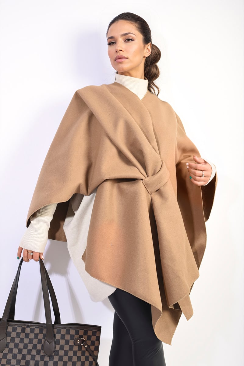 AMIRA Solid Batwing Sleeve Crossover Cape Coat