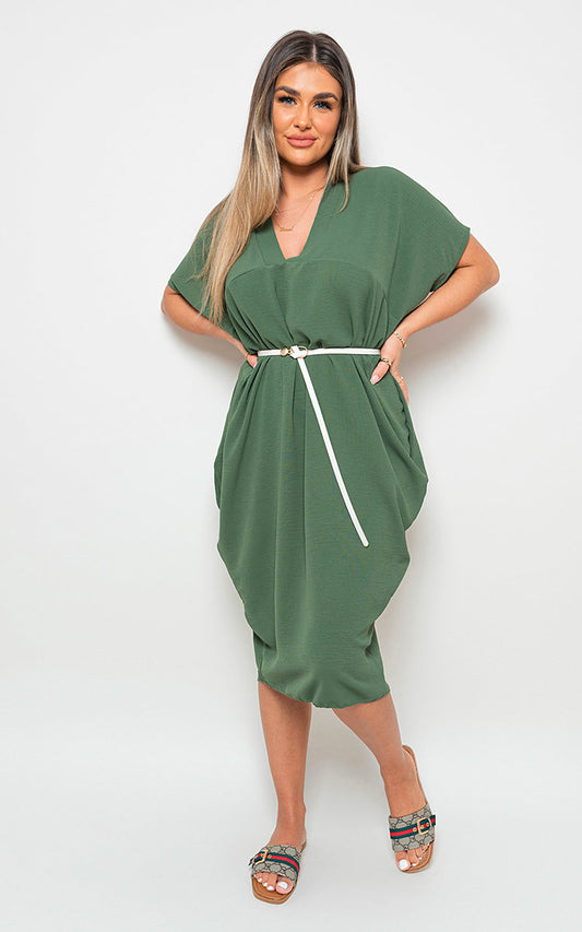 ANNALISE V-Neck Half-Sleeve Midi Dress