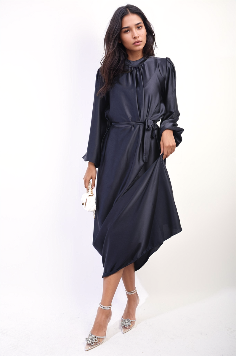 ASTRID Long Sleeve High Neck Belted Maxi Dress