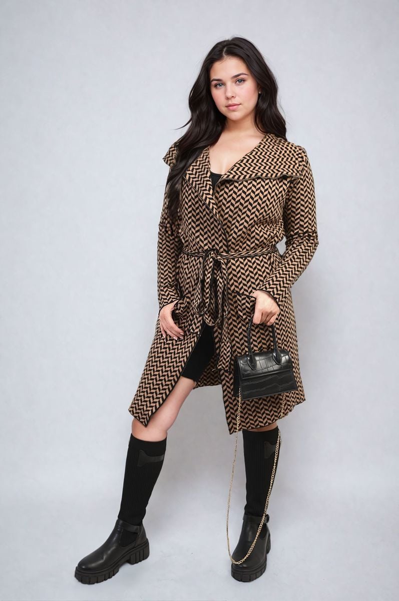 AVA Check Print Full Sleeve Notched Lapel Collar Neck Belted Coat