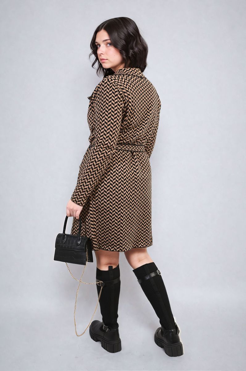 AVA Check Print Full Sleeve Notched Lapel Collar Neck Belted Coat