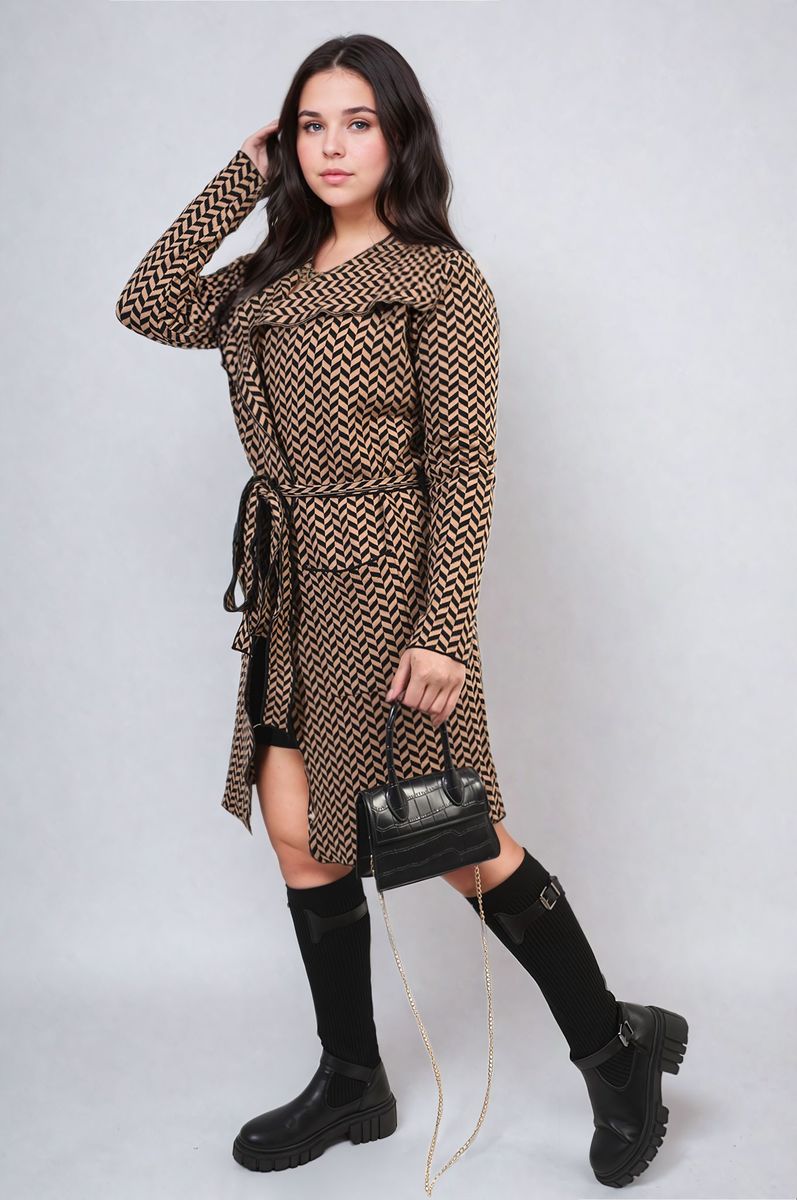 AVA Check Print Full Sleeve Notched Lapel Collar Neck Belted Coat