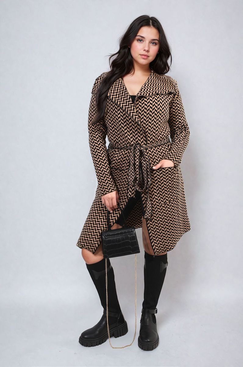 AVA Check Print Full Sleeve Notched Lapel Collar Neck Belted Coat