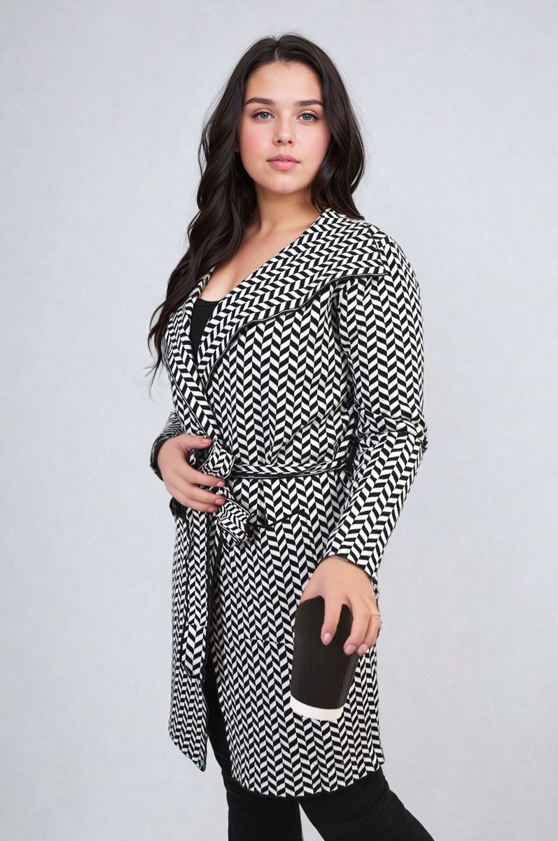 AVA Check Print Full Sleeve Notched Lapel Collar Neck Belted Coat