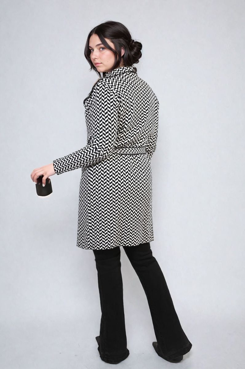 AVA Check Print Full Sleeve Notched Lapel Collar Neck Belted Coat