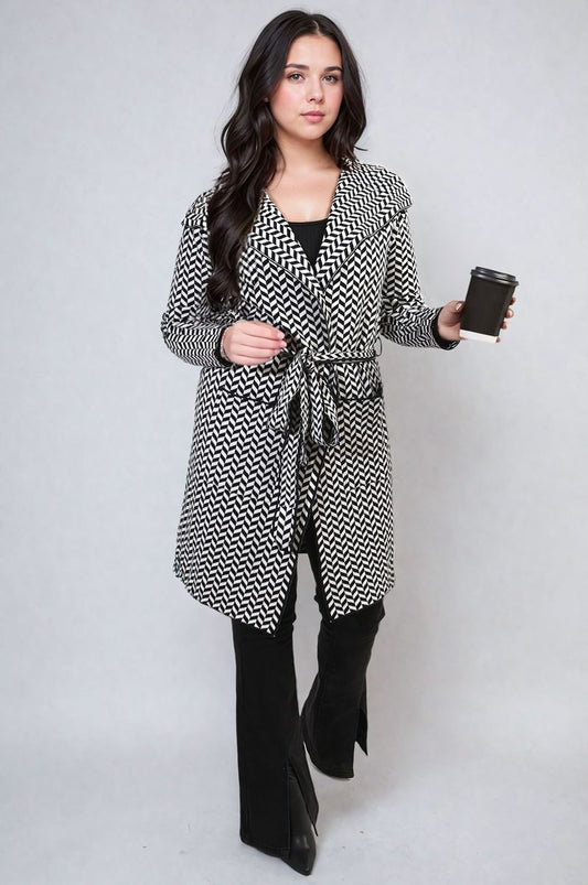 AVA Check Print Full Sleeve Notched Lapel Collar Neck Belted Coat