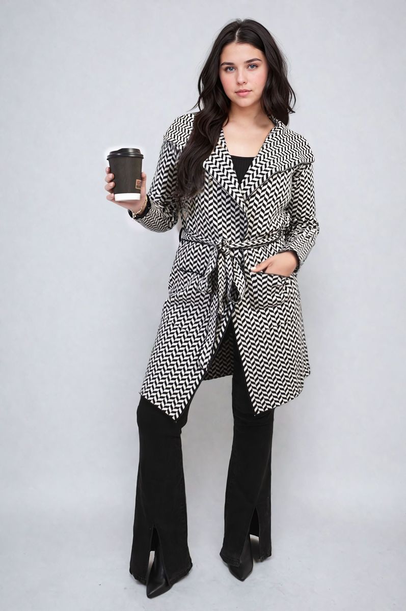 AVA Check Print Full Sleeve Notched Lapel Collar Neck Belted Coat