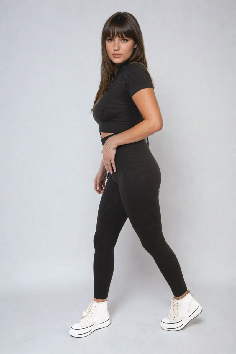 AYAH Ribbed Half Zip Crop Top and High Waist Leggings Co-ord Set