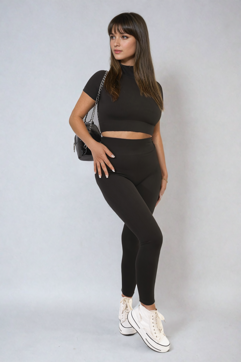 AYAH Ribbed Half Zip Crop Top and High Waist Leggings Co-ord Set