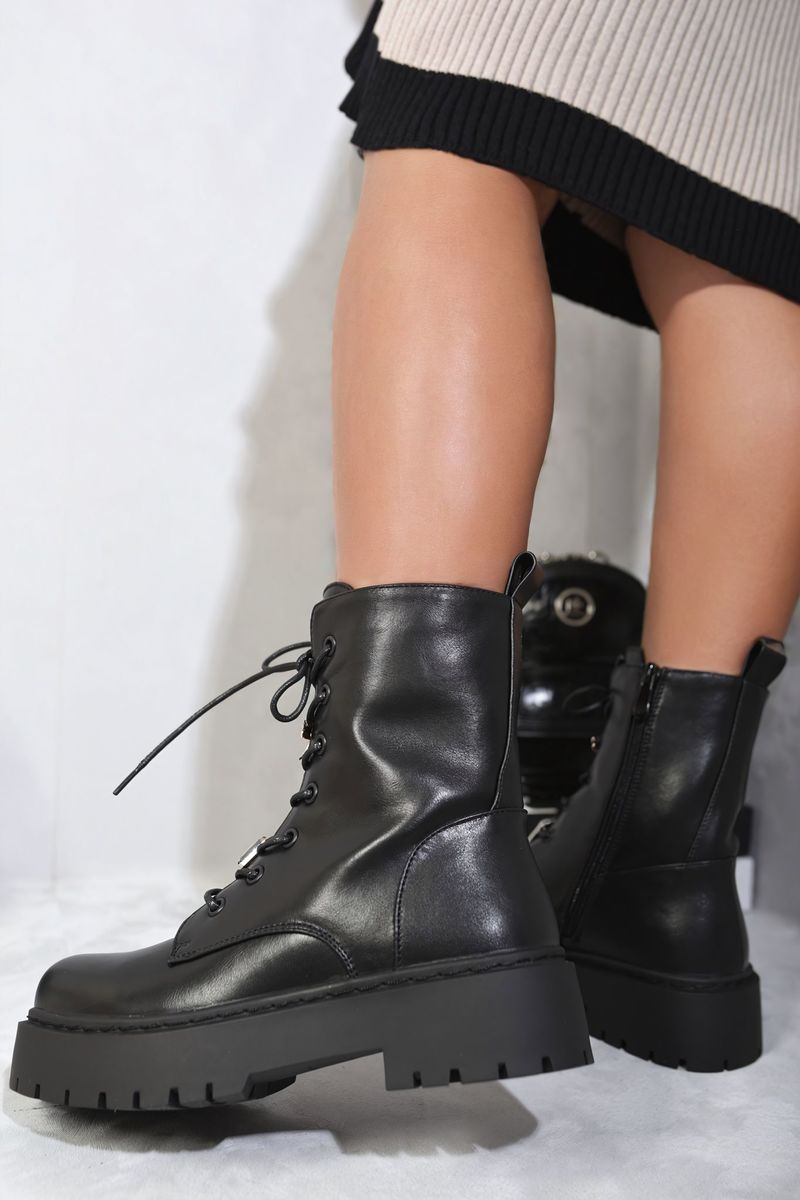 BAILEY Zip Lace Up Chunky Biker Boots with Decor Details