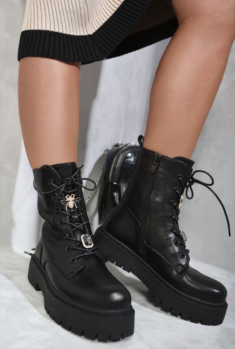 BAILEY Zip Lace Up Chunky Biker Boots with Decor Details