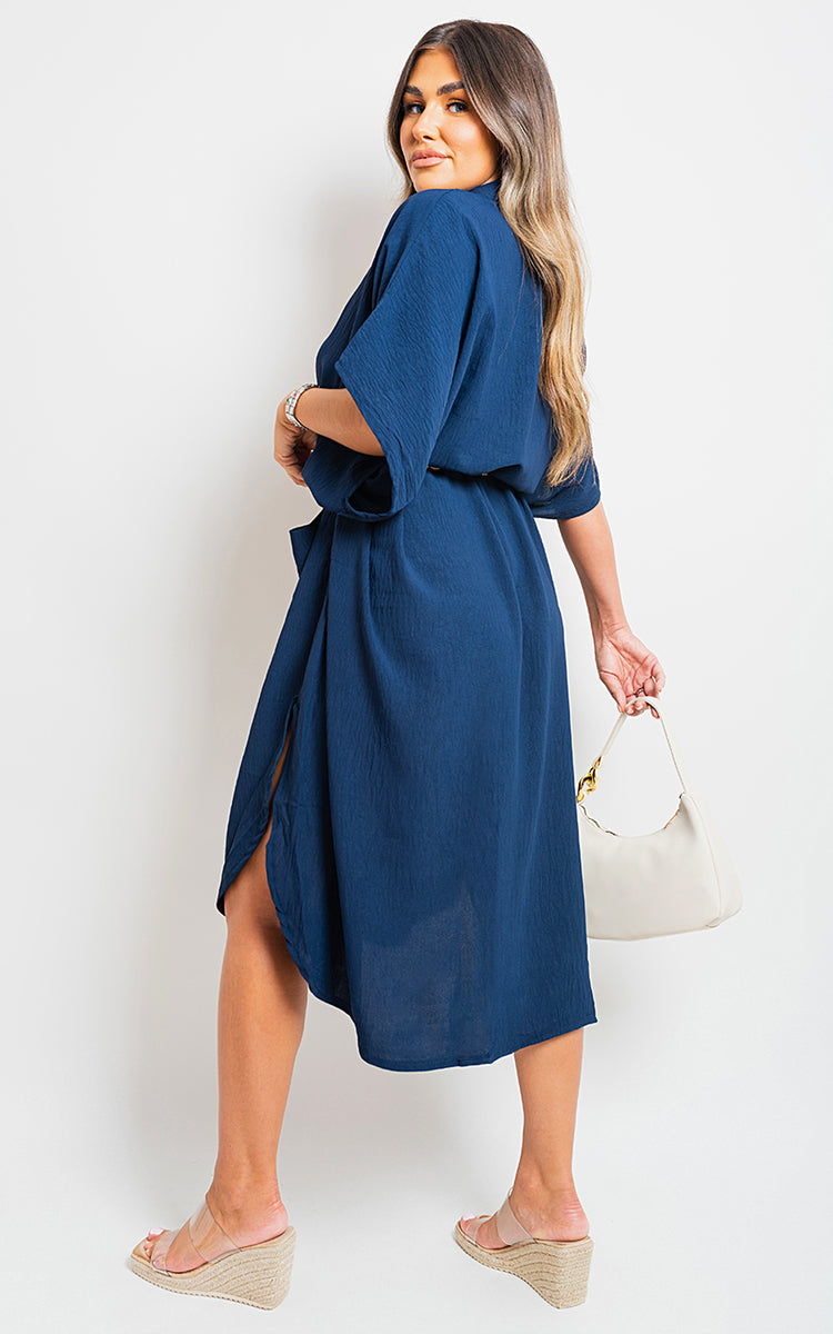 NANCY Button Down Collared Midi Dress with Two Front Pockets