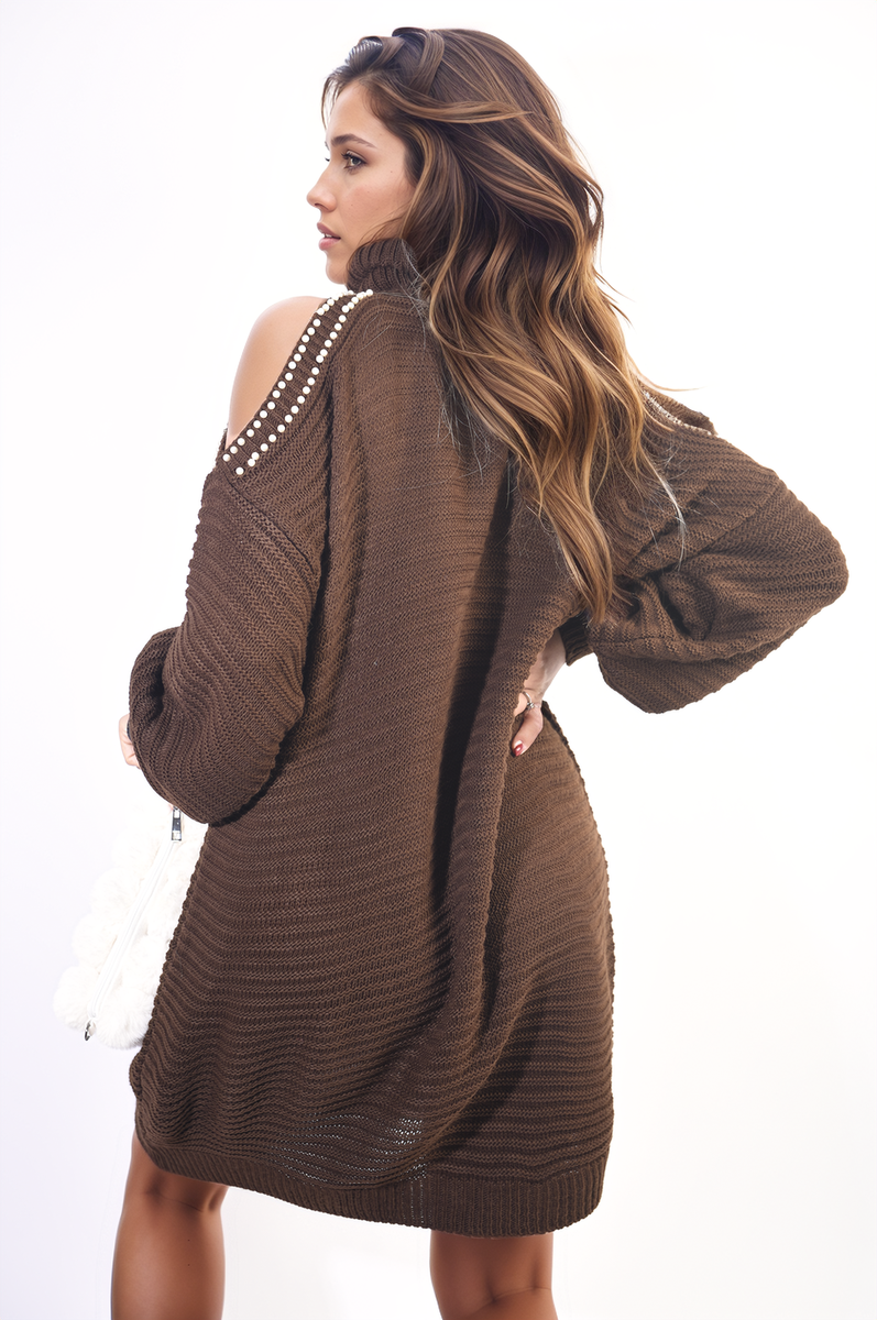 BRIA High Neck Oversized Open Shoulder Long Sleeve Knitted Jumper