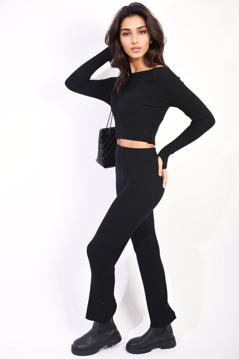 CAMILLA Knitted Long Sleeves Cropped Off Shoulder Top and Trousers Co-ord Set